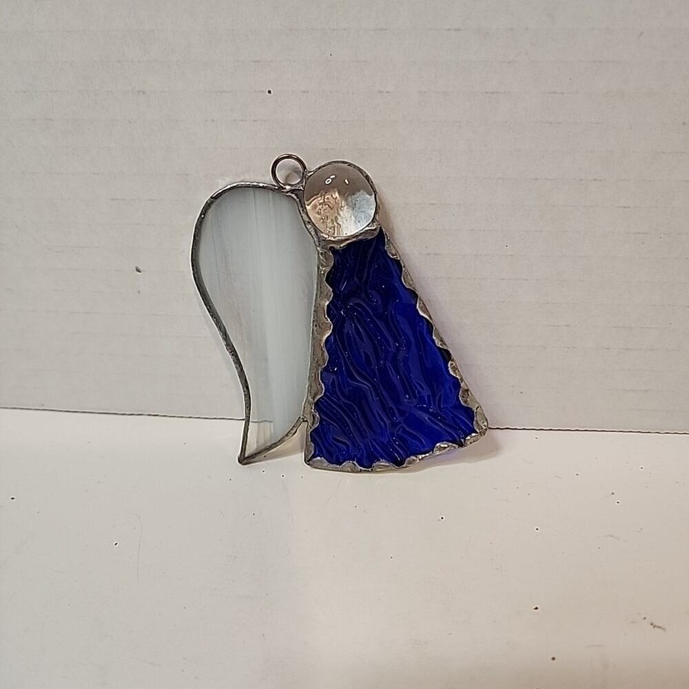 Stain Glass Angel Ornament Blue Textured Glass Body White Glass Wings 3.5”T